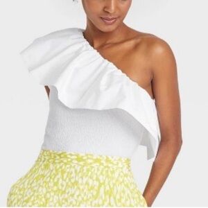 NWT Who What Wear One-Shoulder Scrunchie Asymmetric Ruffle Blouse White